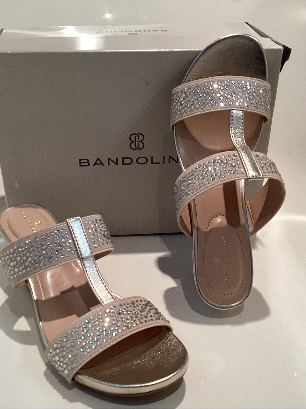 Bandolino Rose Gold Crystal Double-Strap Slide Sandals